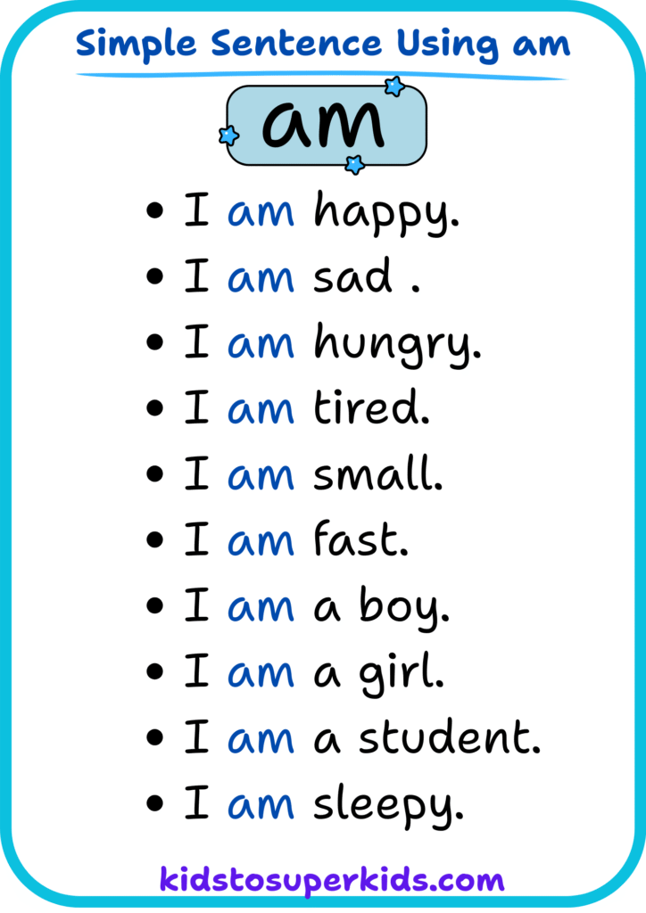 Free printable sight word "am" simple sentence worksheet for kindergarten kids
