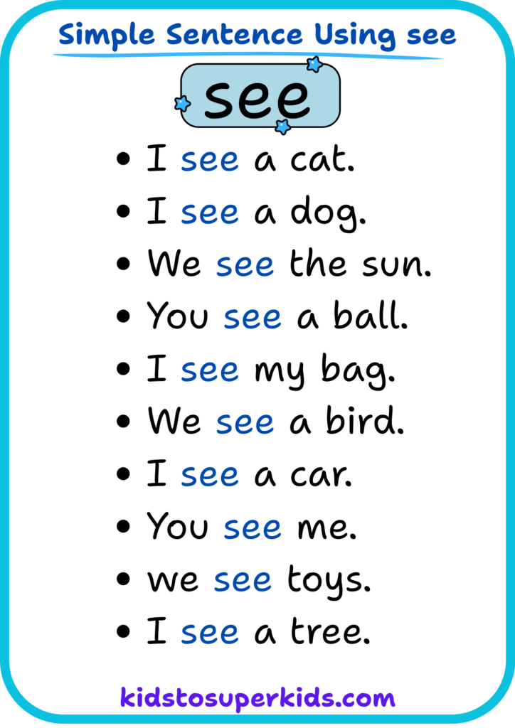 Free printable sight word "see" simple sentences worksheet for early readers
