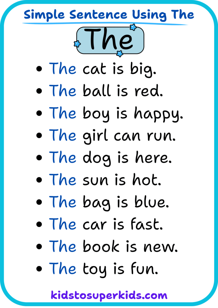 Free printable sight word "the" simple sentences worksheet for early readers