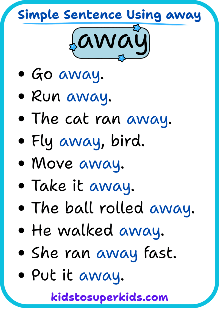Free printable sight word "away" simple sentences worksheet for early readers