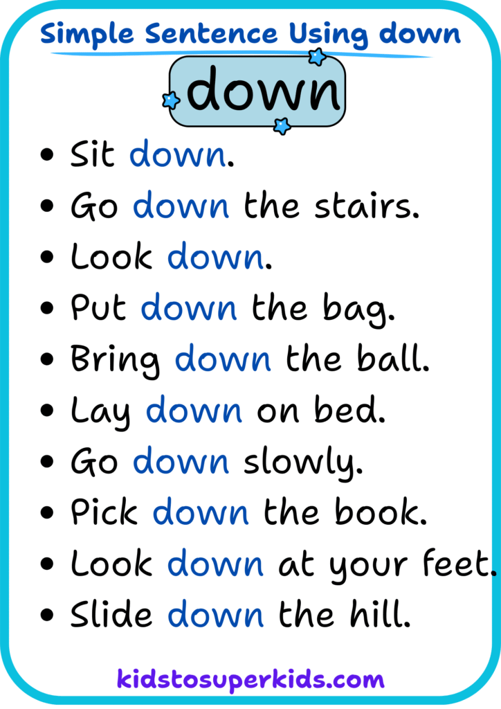 Free printable sight word "down" simple sentences worksheet for early readers