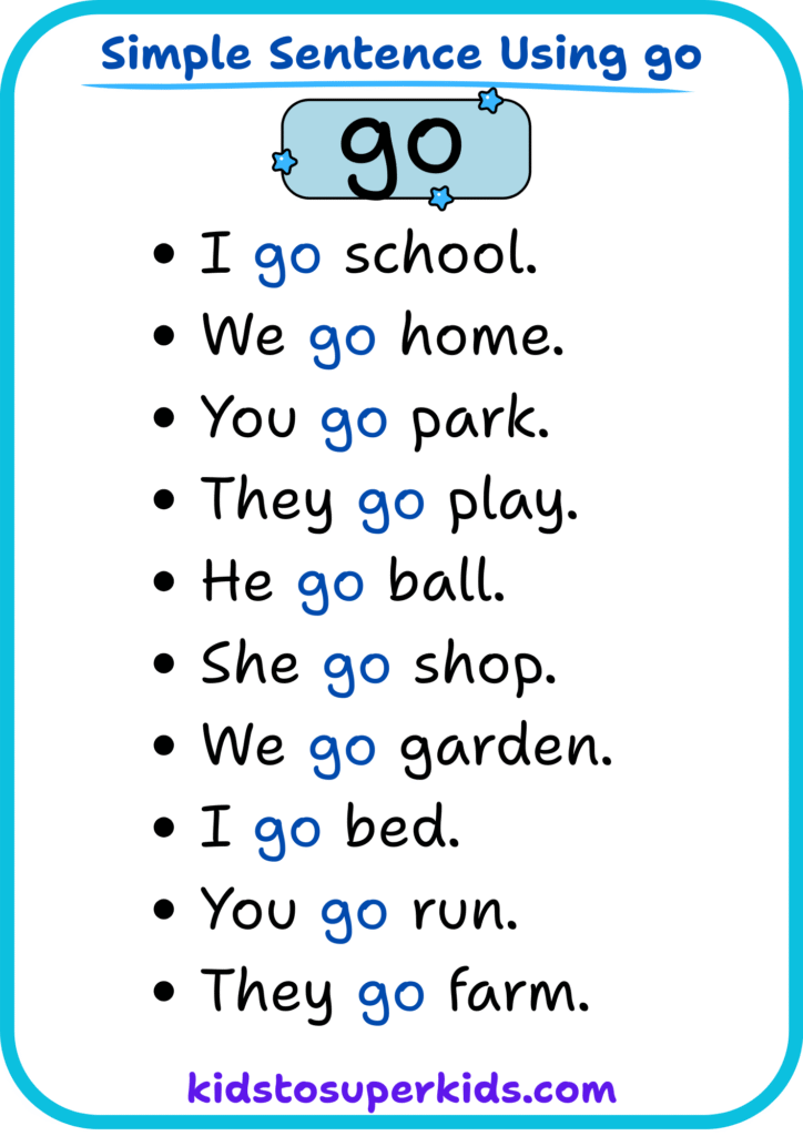 Free printable sight word "go" simple sentences worksheet for early readers