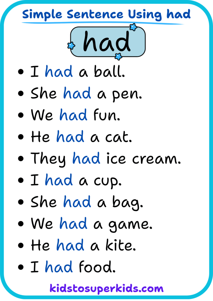 Free printable sight word "had" simple sentences worksheet for early readers