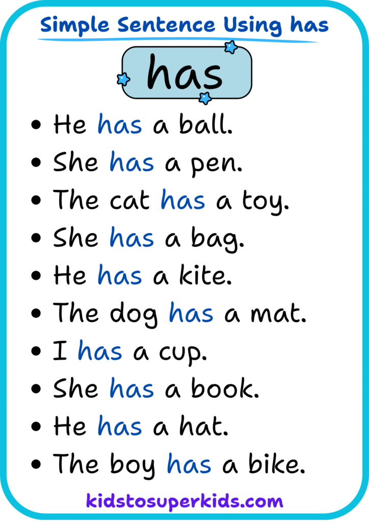 Free printable sight word "has" simple sentences worksheet for early readers