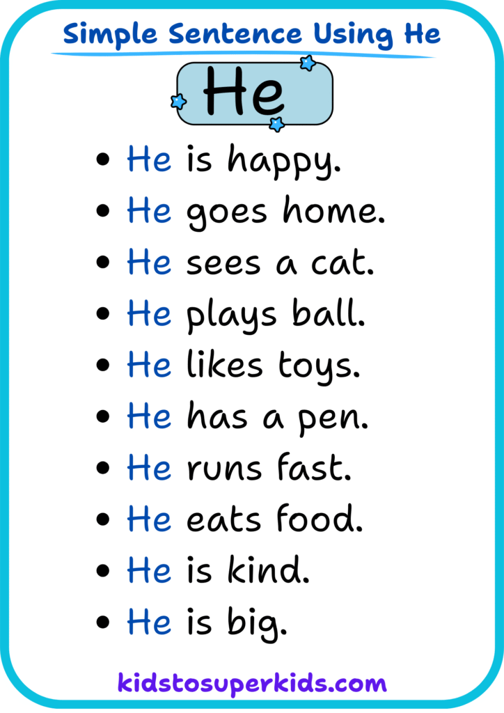 Free printable sight word "He" simple sentences worksheet for early readers