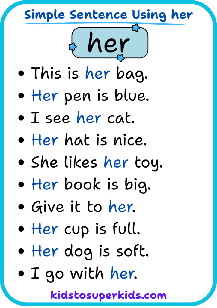 Free printable sight word "her" simple sentences worksheet for early readers