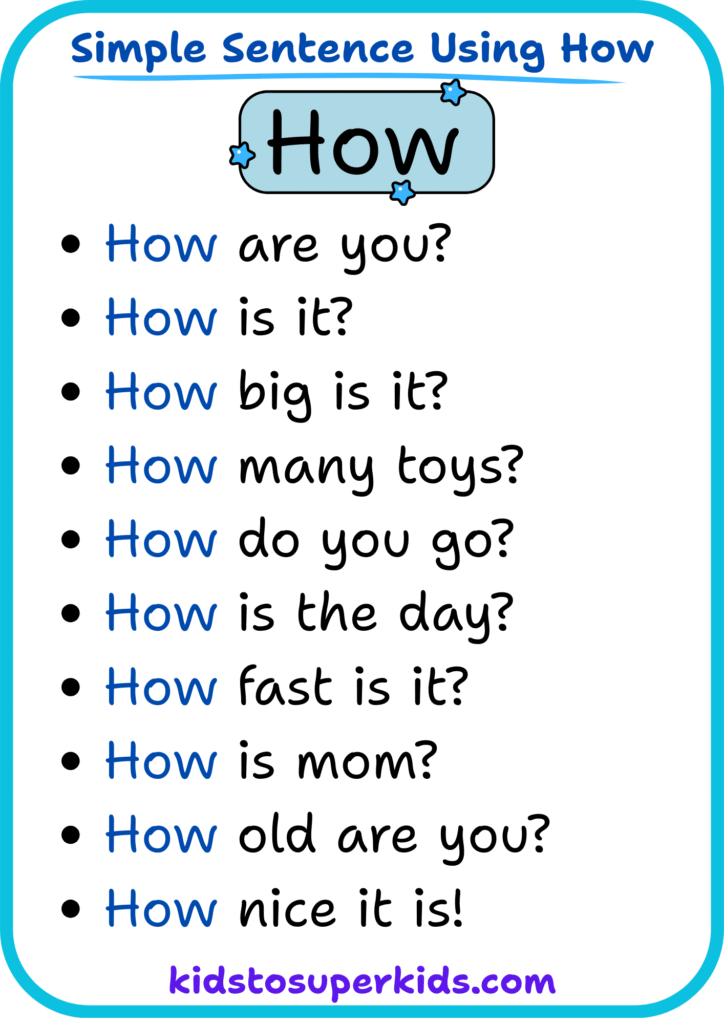 Free printable sight word "how" simple sentences worksheet for early readers