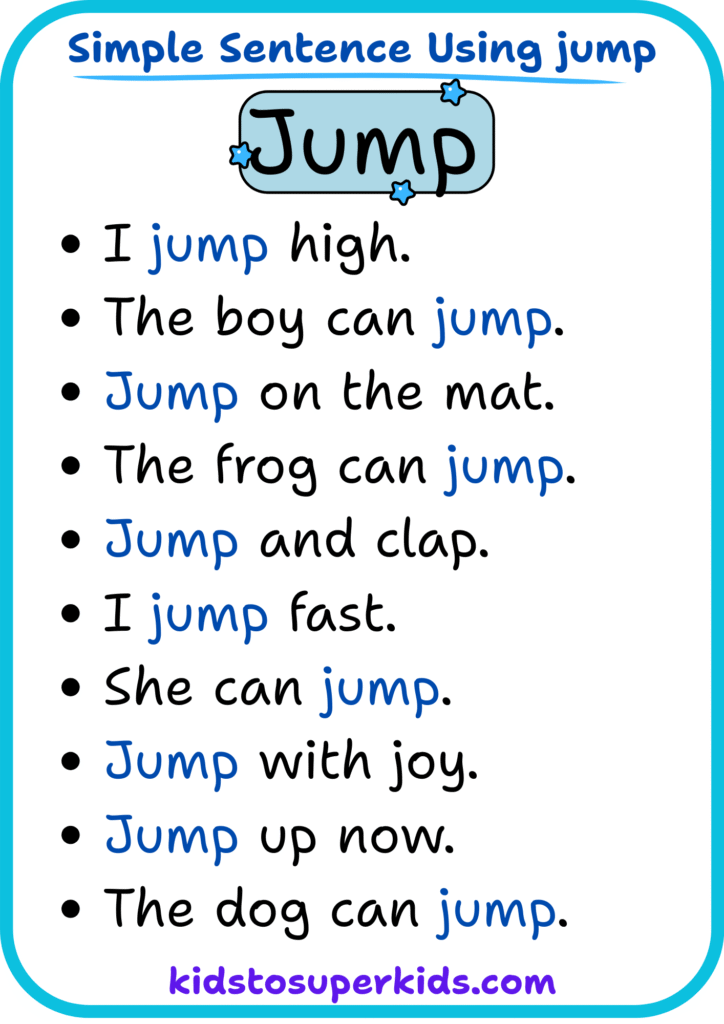 Free printable sight word "jump" simple sentences worksheet for early readers