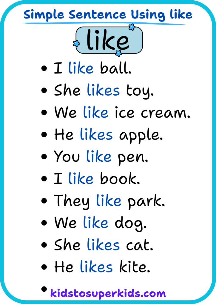 Free printable sight word "like" simple sentences worksheet for early readers