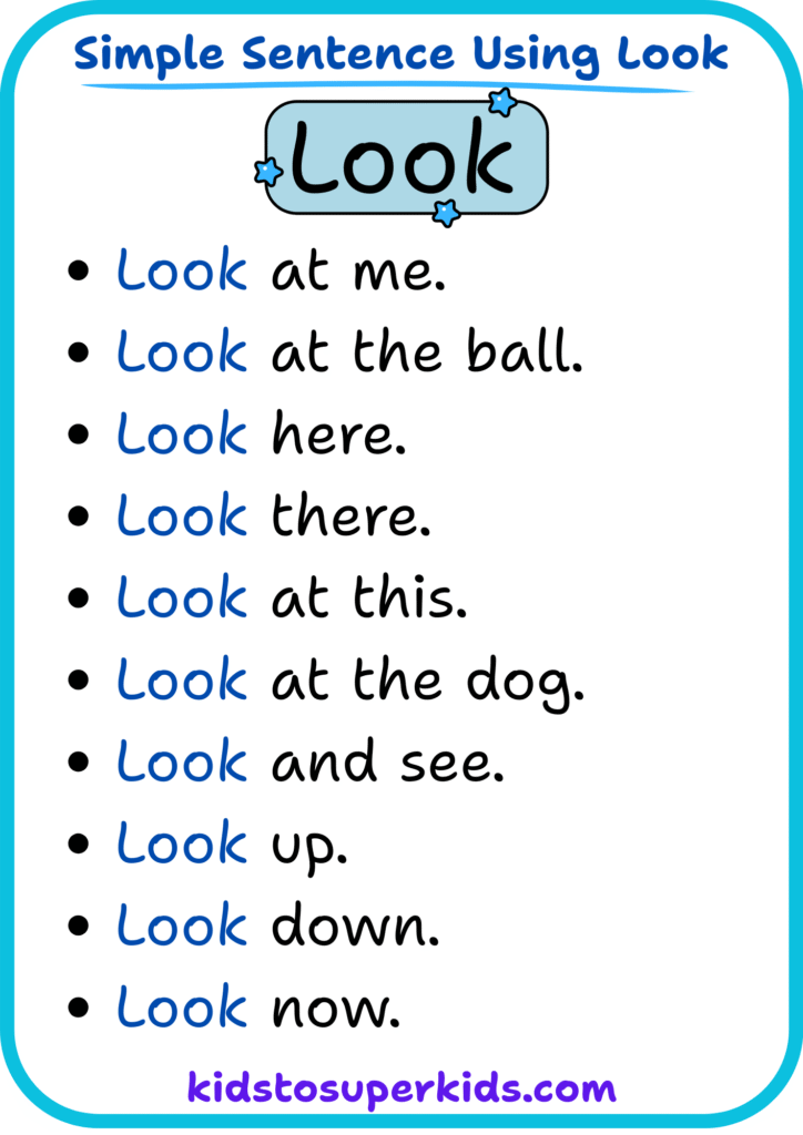 Free printable sight word "look" simple sentences worksheet for early readers
