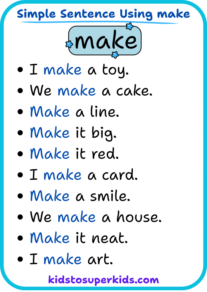 Free printable sight word "make" simple sentences worksheet for early readers