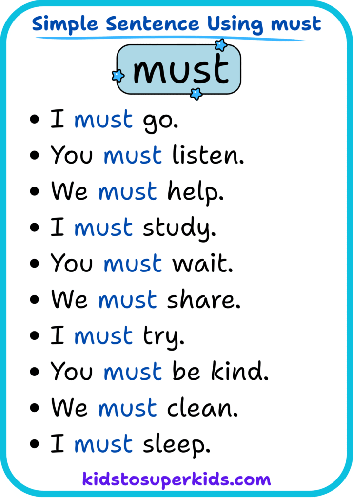 Free printable sight word "must" simple sentences worksheet for early readers
