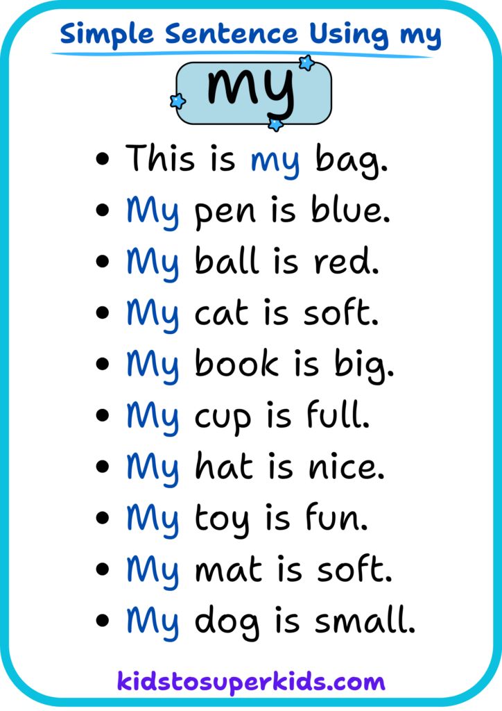 Free printable sight word "my" simple sentences worksheet for early readers