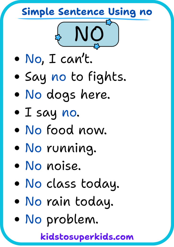 Free printable sight word "no" simple sentences worksheet for early readers