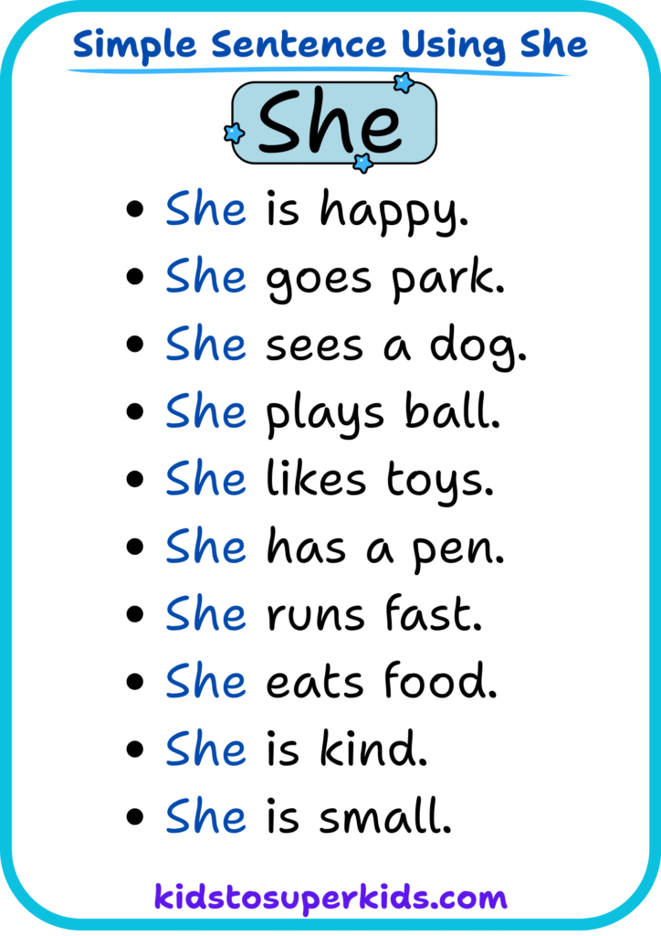 Free printable sight word "she" simple sentences worksheet for early readers