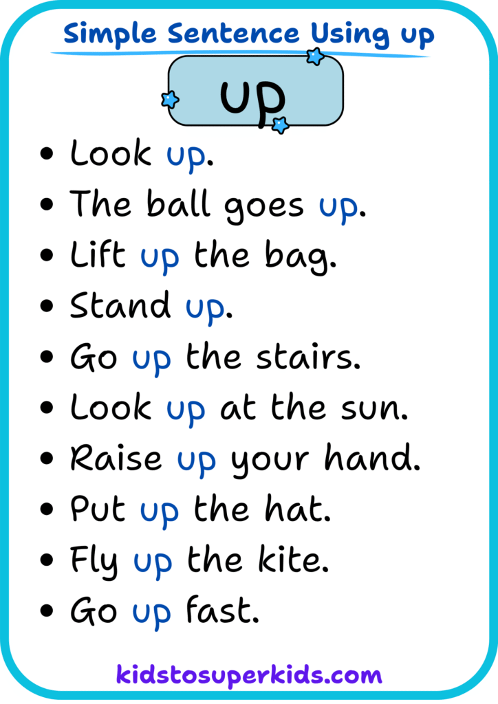 Free printable sight word "up" simple sentences worksheet for early readers