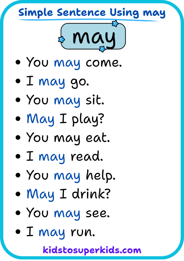 Free printable sight word "may" simple sentences worksheet for early readers